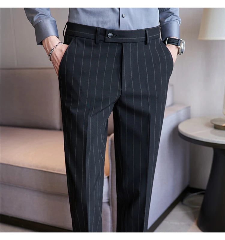 Men's Striped Elastic Suit Pants