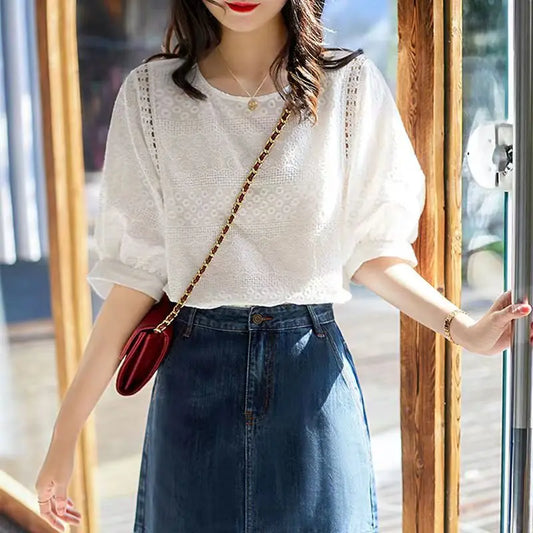 Women's Summer Cotton Lace Casual Blouse loose Sleeve