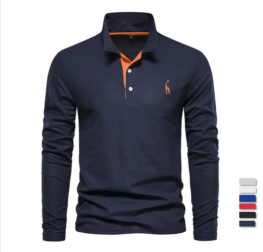 Men's Deer Embroidery Long Sleeve Polo Shirt