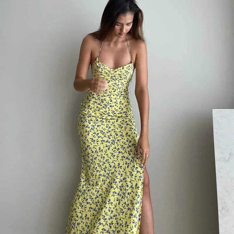 Women's Floral Long Dress Backless