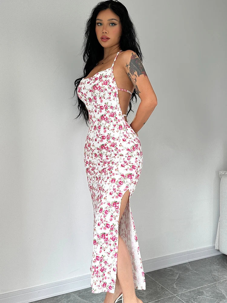 Women's Floral Long Dress Backless