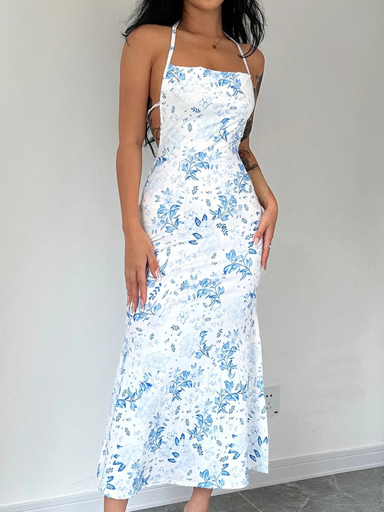 Women's Floral Long Dress Backless