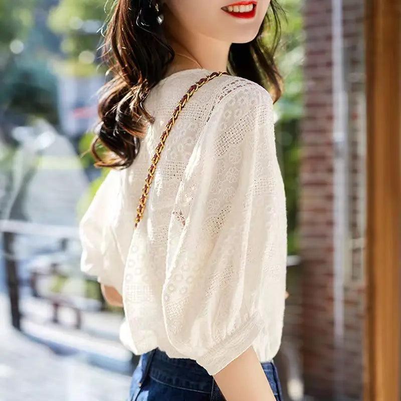 Women's Summer Cotton Lace Casual Blouse loose Sleeve