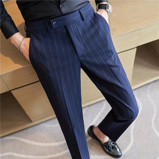 Men's Striped Elastic Suit Pants