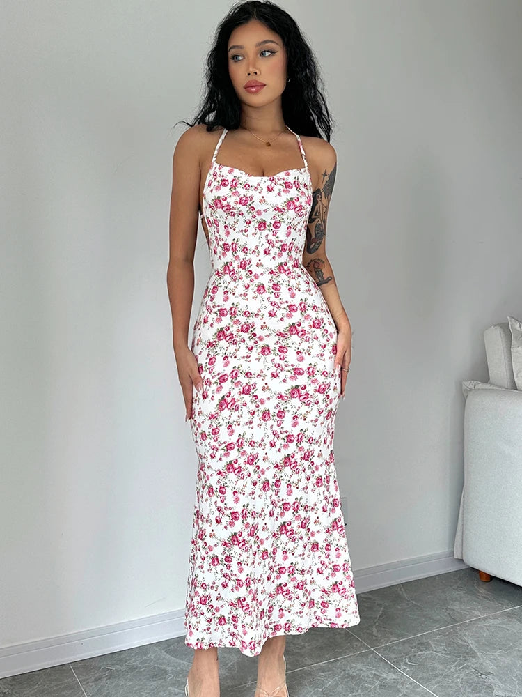 Women's Floral Long Dress Backless