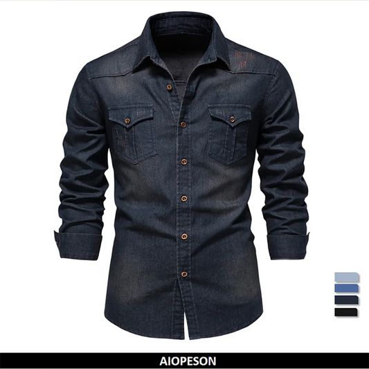 Men's Elastic Denim Long Sleeve Shirt