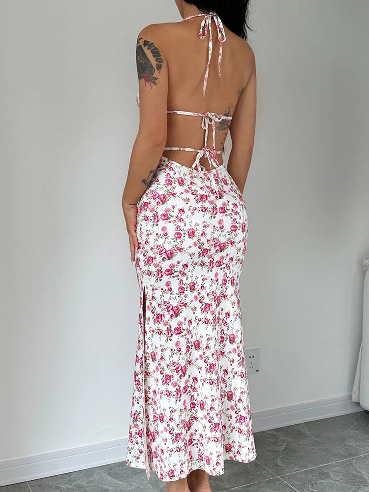 Women's Floral Long Dress Backless